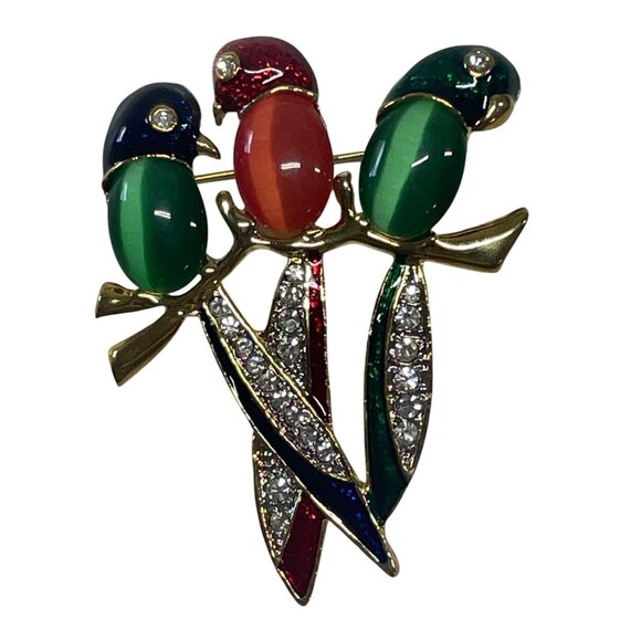Vintage Gold-Tone Enamel Three Parrots Brooch With Rhinestone Accents On Branch - Picture 1 of 3